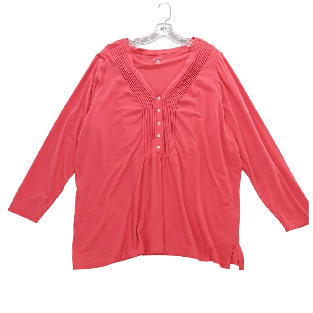 Lands'‎ End Womens 2X Coral Pink Long Sleeve Button V Neck Pleated Top